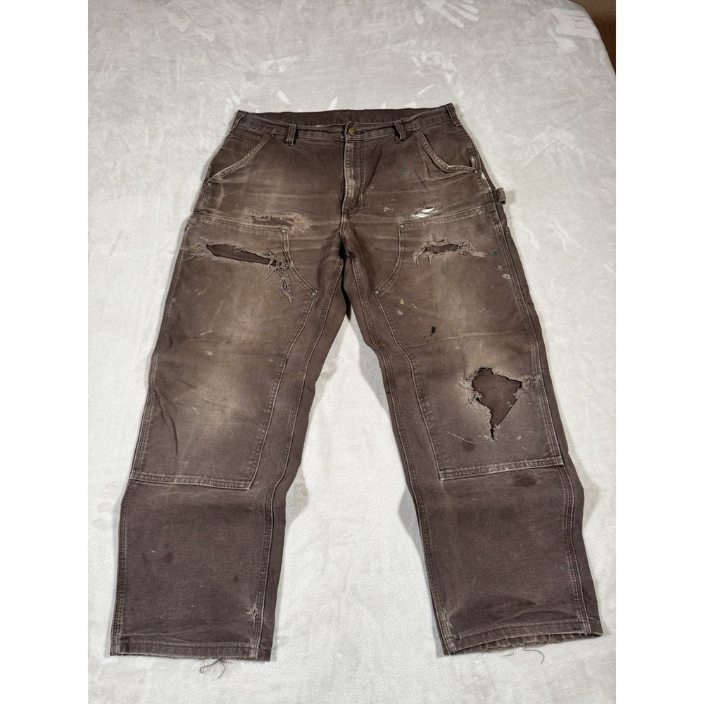 Vintage Carhartt Double Knee Pants Size 36x30 Brown Faded Distressed Thrashed